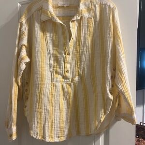 ANTHROPOLOGIE By Anthropologie Side-Button Yellow White Tunic Top Women Size L